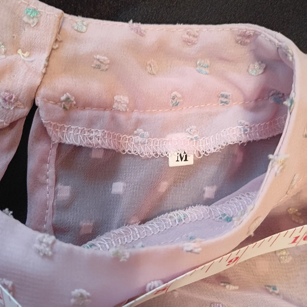 Pink Sheer Chiffon Clip Dot Mock Neck Long Sleeve Blouse - Picture 8 of 13